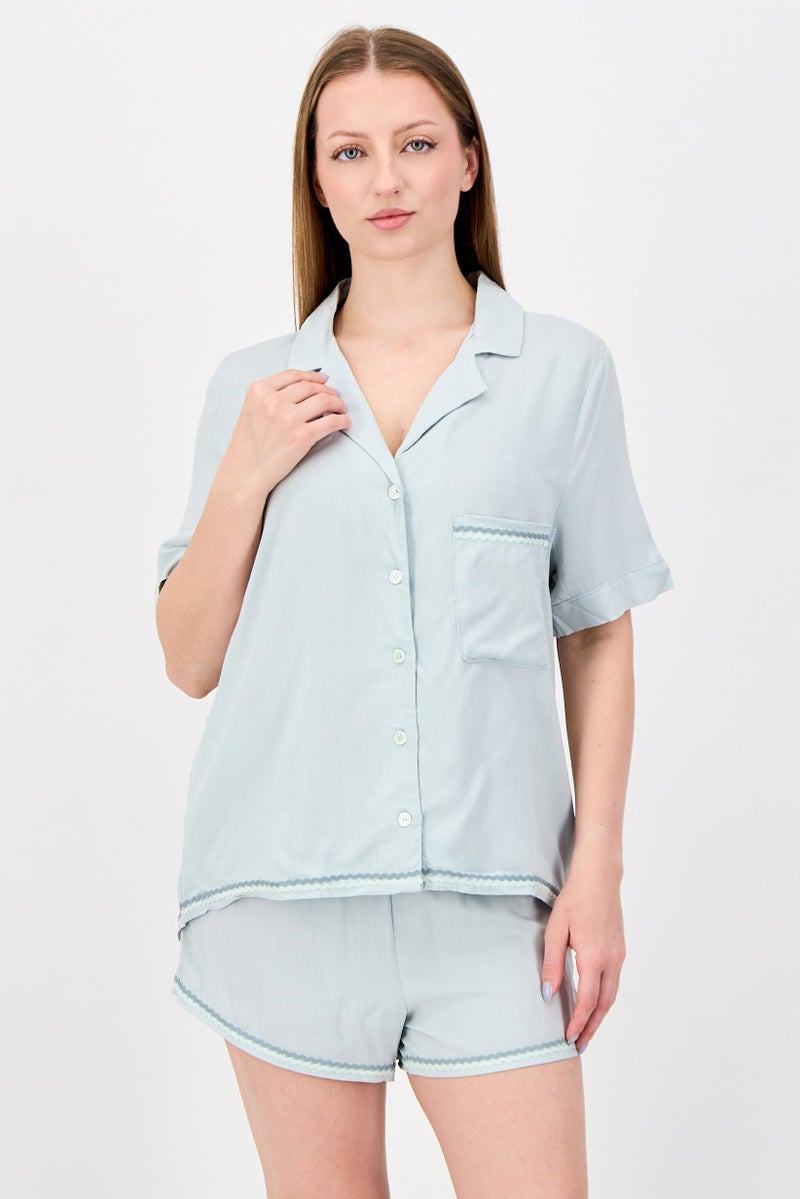 NINE WEST Women 2 Pieces Textured Top And Bottom Pyjama Set, Sage Green - Image 1